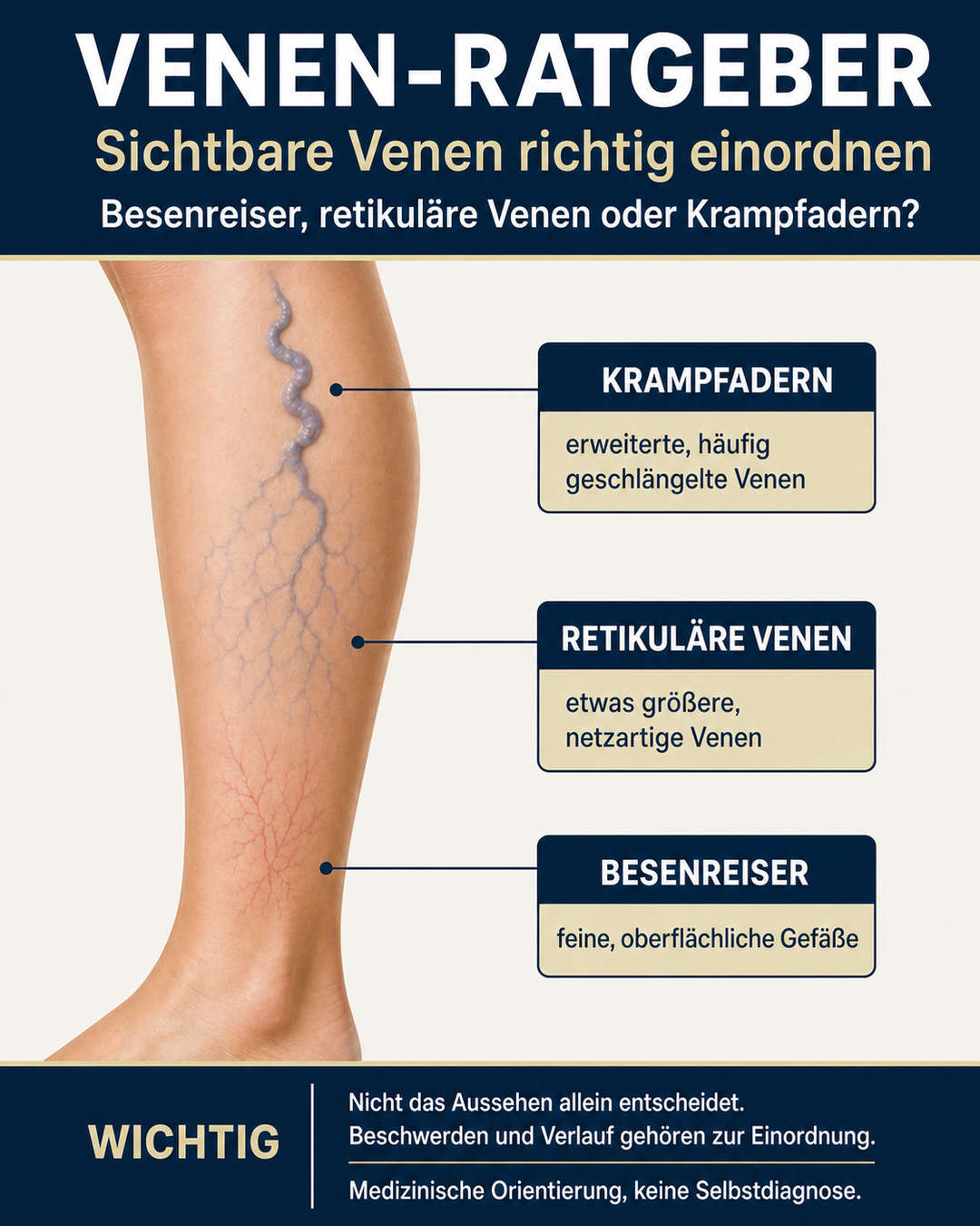 Infografik zur Einordnung von Besenreisern, retikulären Venen und Krampfadern am Unterschenkel