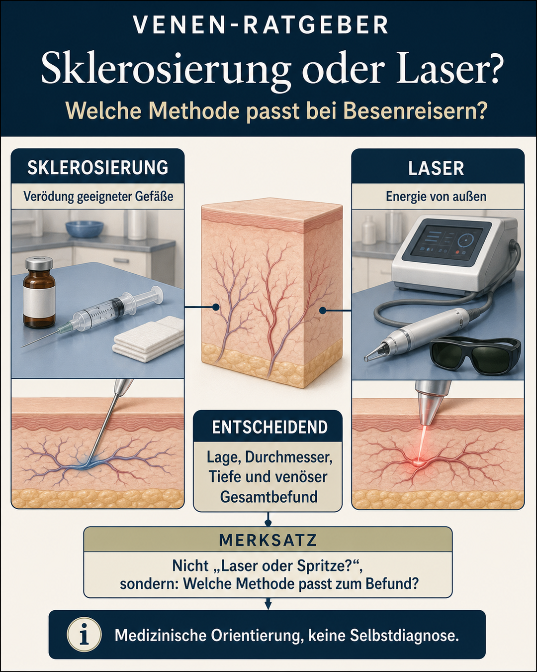 Infografik zum Vergleich von Sklerosierung und Laser bei Besenreisern